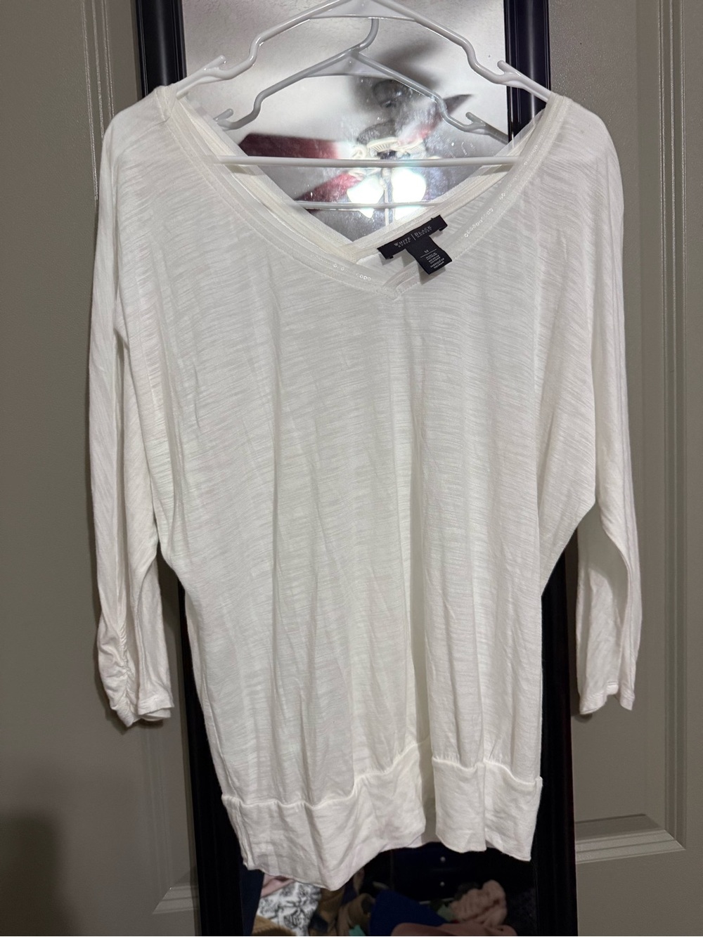 White House Black Market White V-Neck Lightweight semi-sheer top
